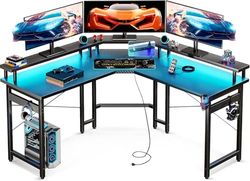 ODK 51 L-Shaped Gaming Desk with LED Lights, Power Outlets, Monitor Stand, Cup Holder, and Hooks - Black Carbon Fiber