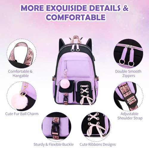 Kids School Backpack for Girls, 4-In-1 Bookbag Backpack Daypack Set with 43OZ Bento Lunch Box, Lunch Bag for Girls Kids Teen Elementary Middle School Student, Girl Backpacks for Schools4