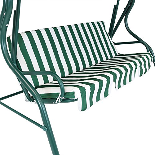 Sunnydaze Outdoor Porch Swing With Adjustable Canopy And Durable Steel Frame, 2-Person Patio Seater, Green Striped Seat Cushions #TOP2
