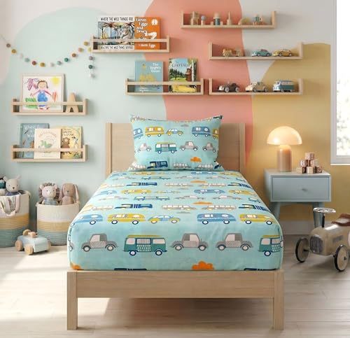 Image of BSB HOME 220TC Kids Single Bedsheet with Pillow Cover, Soft Breathable Cotton, Cute Animal Print Design, Elastic Fitted Bed Sheet for Kids Bedroom, 72 x 36 + 8 Inches (Vehicle Theme Print Aqua)