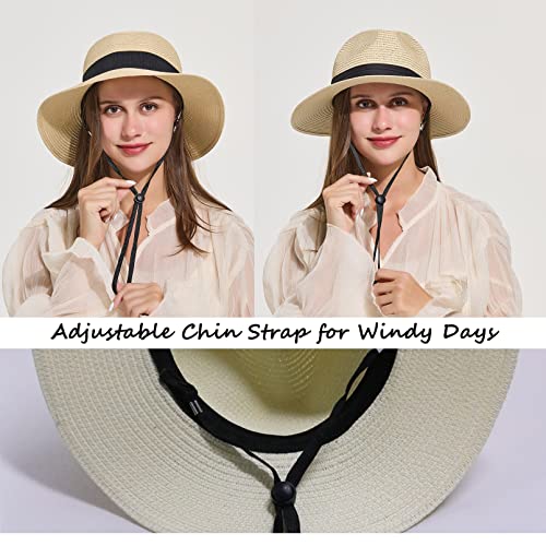 Facecozy 2 Pieces Straw Sun Hats For Women Wide Brim Panama Hat Uv Upf50+ Travel Fedora Beach Hat For Summer (Beige) #TOP2
