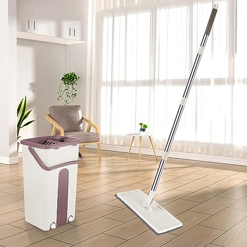 Escoba de microfibra y cubo de escursor, fregona plana giratoria 360° y cubo autolavado, con 2 alfombrillas reutilizables, color caqui