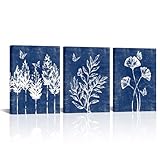 LyerArtork 3 Piece Navy Blue Botanical Canvas Wall Art Rustic Leaves Butterfly Painting Boho Minimalist Farmhouse Prints Modern Wall Decor for Home Bathroom Living Room Bedroom 12"x16"x3