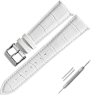 (Watchband) Alligator Grain Top Grain Scafskin Watch Strap-Double Side Full grain Cow Leather Embossed Pattern Universal Smart Genuine Leather Bracelet Replacement Pin Buckle Wristwatch belt for Men Women- 18mm White