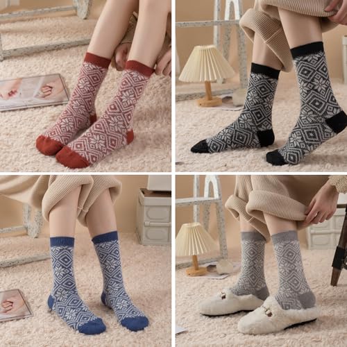 Image of ICEIVY Womens Socks 5 Pairs Wool Warm Cotton Thick Vintage Casual Winter Cabin Crew Fuzzy Socks Gifts For Women