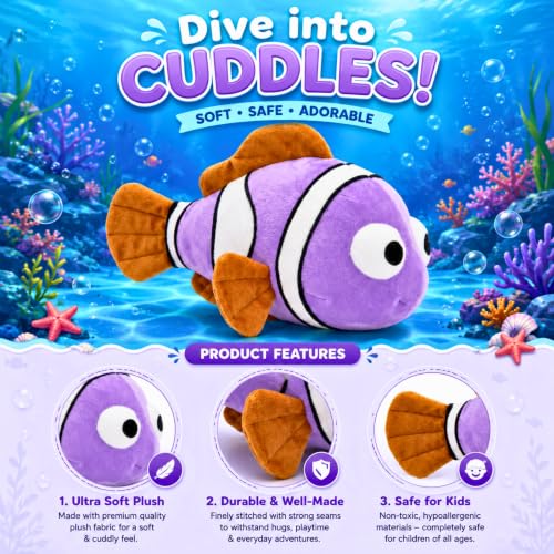 Image of Tickles Cute Big Eyes Fish Soft Stuffed Plush Animal Toy for Kids Boys & Girls Birthday Gift (Size: 25 cm Color: Purple)
