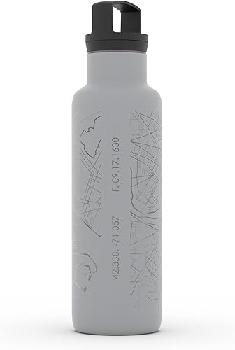 Miniatura 890 de Well Told Botella de agua aislada con mapa Chicago Illinois, grabado de acero inoxidable (21 onzas, gris muelle) botella aislada de mapa