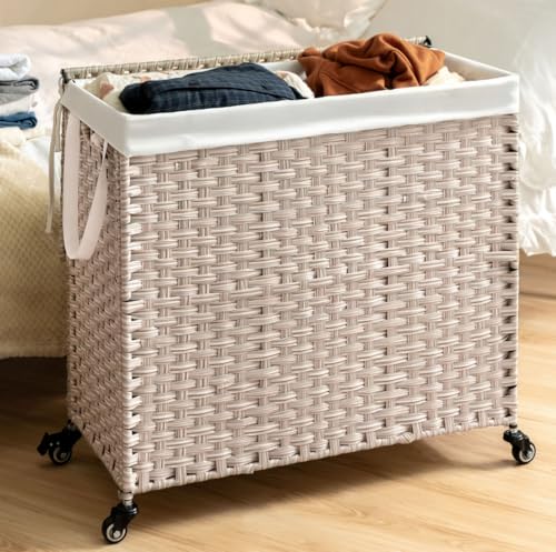 Laundry Hamper with Lid, 160L Wicker Laundry Basket with 2 Removable Bags, Large Hamper with Wheels, Woven Hamper for Laundry, Bathroom, Bedroom, Portable, Foldable, Anti Slip (Light Gray, 160L)