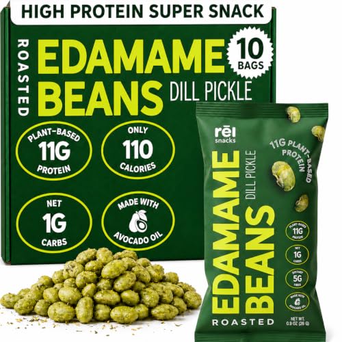 Image of Rel Snacks Dill Pickle Roasted Edamame Beans, High Protein Low Carb Snack, 11g Plant Protein, 1g Net Carbs, Keto, Vegan, Non-GMO, Made with Avocado Oil, 10 Single Serve 0.9 oz Packs