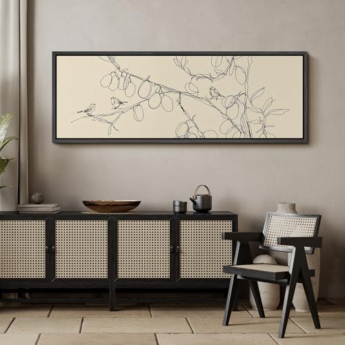Image of MUDECOR Large Framed Canvas Print Wall Art Simple Line Art Birds on Branch Botanical Minimalist Antique Retro Ready to Hang Painting for Living Room Bedroom Multi-Sizes - 60 inchx20 inch