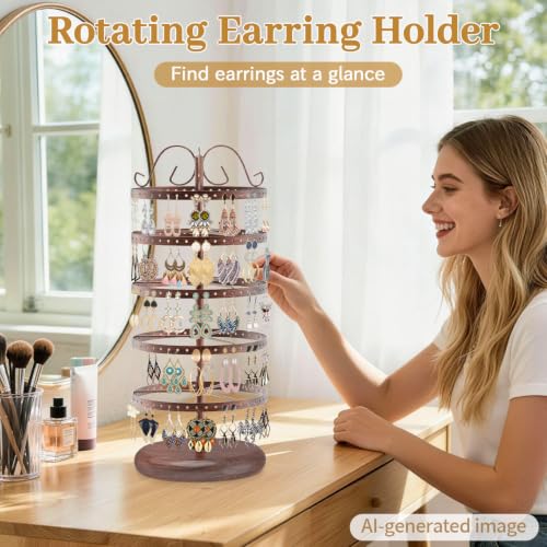 Image of Modowey Rotating Earring Holder Organizer Stand, 5 Tier Metal Tree Display for Women Vendors, 220 Holes Adjustable Jewelry rack for Stud Hoop Dangle Storage, Trendy Carousel Keeps Dresser Neat, Bronze