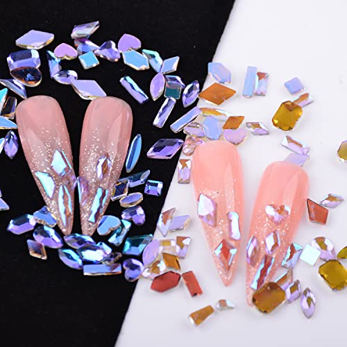 100Pcs Mixed Shape Aurora Glass Crystal Nail Art Rhinestones Nail Gems Iridescent Clear Nude Flatback Rhinestone Diamonds Stone For 3D Diy Nails Art Crafts Jewelry Decoration (Aurora Purple) #TOP4