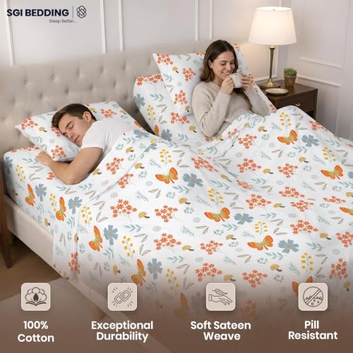 Image of SGI Split King Sheet Set for Adjustable Bed Egyptian Premium Cotton 600 Thread Count Sheets for Sleep Number Bed 15 inch Deep Pocket 5 Pc Set with 2 Twin XL Fitted Sheets Soft Breathable -Butterfly Garden
