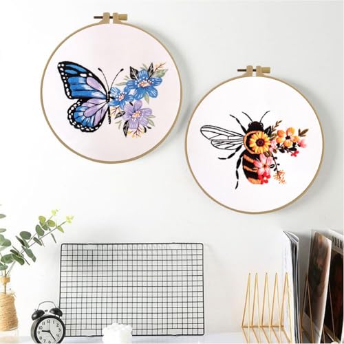 Image of Esffaci Embroidery Starter Kit for Adult Beginner with Bee Pattern Hand Embroidery Set with Embroidery Cloth Hoop Needle Threader Embroidery Floss and Instruction