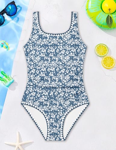 Image of CRISONE Girl Swimsuit One Piece Bathing Suit for Girls Retro Square Neck Adjustable Straps Girls' Swimwear 9-16Y