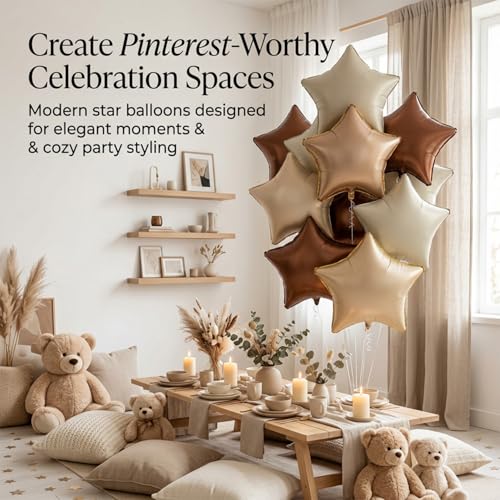 Image of Atpata Funky Boho Theme Foil Balloons - White Sand, Nude Cream, Tan Brown Caramel Shades - Stars and Hearts Shape - for Weddings, Birthdays, Baby Showers, and Party Decorations (6pcs, Stars)