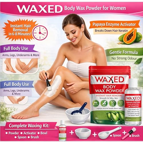 Image of WAXED Body Wax Powder for Women Waxing Set | Instant Hair Removal | Papaya Enzyme Activator | Full Body Wax | 100g Powder + 100ml Activator | With Bowl, Spoon & Brush Included.(Pack of 1)