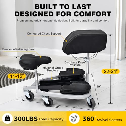 Image of Rolling Knee Creeper with Chest Support and Adjustable Seat 11.5 inch-15.5 inch Height Ergonomic Kneeling Cart 360 Mobility 5 Heavy Duty Casters with Tool Tray for Tile Installation, Flooring Work.