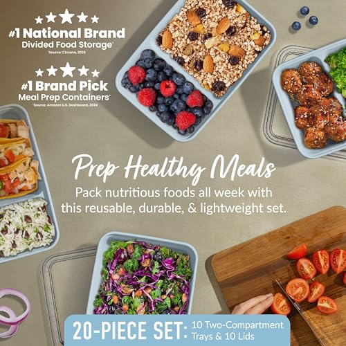 Image of Bentgo Prep - 20-Piece 2-Compartment Reusable Meal Prep Containers with Lids, PFAS & BPA Free Materials, Durable, Microwave, Freezer, & Dishwasher Safe To Go Food Storage (Sky)