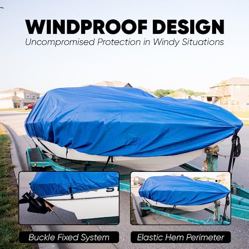 Trailerable Boat Cover, Upgraded Heavy Duty Waterproof Boat Cover For Center Console Boat Marine Grade Canvas, Oxford Fabric Fits V-Hull, Tri-Hull, Fishing Ski, Runabout Boat With Strap(Blue) #TOP5