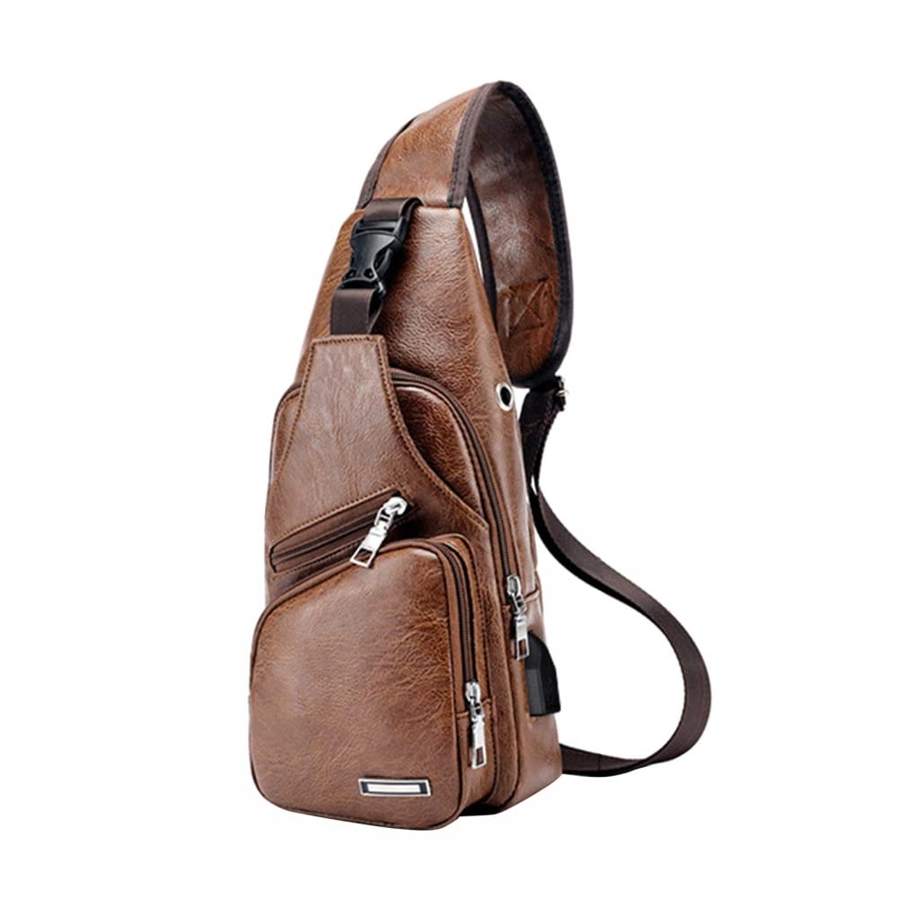 Dongker Men's Brown Crossbody Sling Bag, Leather Waterproof Cross Body Chest Bag W/Usb Charging Port& Earphone Hole For Wo Hiking Travel