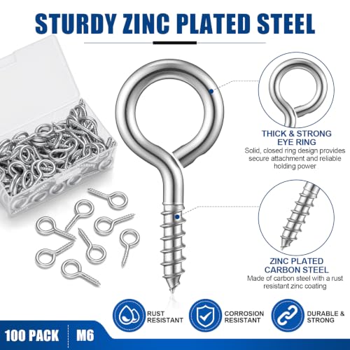 Image of Hicarer 100 Pack 2.2 Inch Zinc Plated Carbon Steel Eye Bolt, M6 Thread Heavy Duty Screw Hook, Self Tapping Screw for Wood, Galvanized Ring Bolt for Indoor Outdoor Use