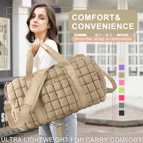 Image of Quilted Travel Duffle Bag Gym Bag for Women,Large Puffer Duffle Weekender Bag with Compartment,Workout Overnight Carry on Organizer Bag Duffle Bag for Airplane Travel(L-Khaki)