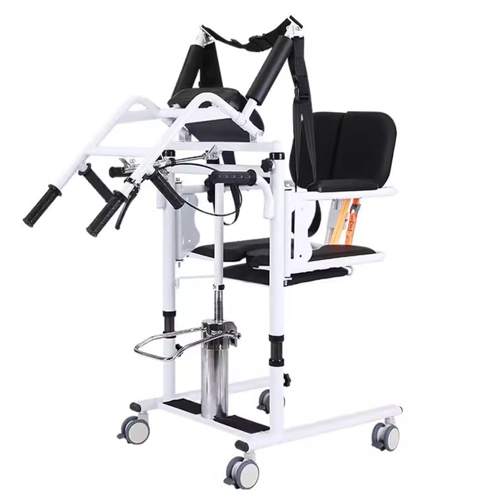 Chaise de transfert hydraulique pour patient avec position assistée, hauteur réglable de l'assise à la verticale, avec dossier haut doux et siège doux, fauteuil roulant pouvant supporter 136 kg pour