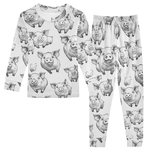 Pajama Sets Long Sleeve Black and White Pig Pattern Print Soft Comfy Sleepwear 2 Piece PJS 3-8T