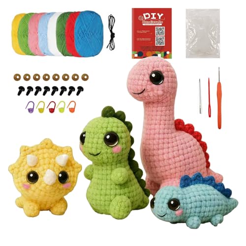 Morcolplus Dinosaur Crochet Kit for Beginners 4-Pack Amigurumi Dinosaur Crochet Starter Kit with Video Tutorials DIY Yarn Craft Kit for Adults & Teens Creative Gift Set