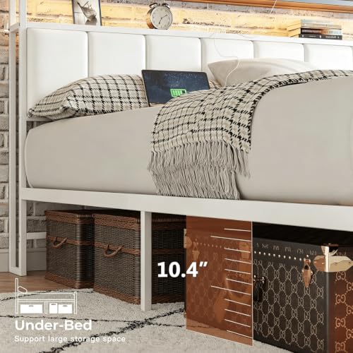Image of Queen Size Bed Frame with Upholstered Headboard and 2-Tier Storage Shelves | Metal / Charging Station / LED Lights / Under Bed Storage / Non-slip / Noise Free / No Box Spring Needed / White