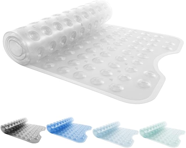 ANSIO® Long Bath Mat PVC Non-Slip Anti Mould Shower Mat with Drain Holes & Suction Cups Machine Washable 102 x 40cm / 40 x 16inches - Clear