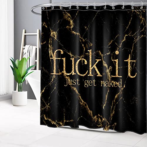 LB Black and Gold Marble Shower Curtain Funny Fuck It Just Get Naked Shower Curtains for Bathroom Abstract Geometric Polyester Anti Mould Waterproof Bath Curtain Set including Hooks,59x78 inches - Image 3