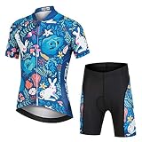 YFPICO Jungen Mädchen Fahrrad Set Quick Dry Kurzarm Trikot + Radhose Atmungsaktiver Radsport Anzüge, Grau Blau, 116