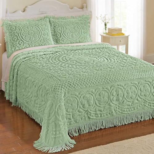 Image of Collections Etc Calista Chenille Lightweight Bedspread with Fringe Border, Sage, King
