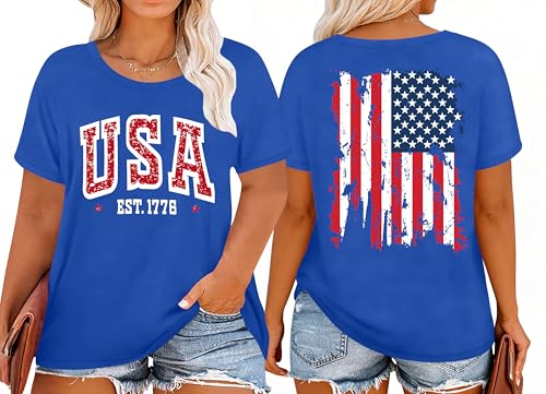 Image of Ithalt Patriotic Plus Size Shirts for Women 250th Anniversary USA Shirts American Flag Tshirt USA Short Sleeve Tops