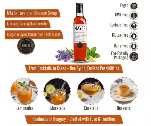 Image of Mayer Lavender Syrup - Pure Lavender Syrup, Award-Winning, Only Real Lavender Flowers and 3 Natural Ingredients, Vegan, Gluten Free, Perfect for Coffee, Cocktails, Lemonades, Desserts - No Added Colors or Flavors (1 Pack)