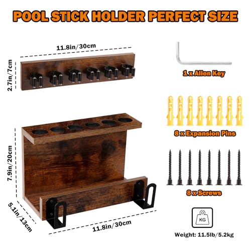 WeGXY Wandmontierter Poolstockhalter, 6 Queues Pool Queue Halter Pool Tisch Zubehör, Pool Queue Rack Hartholz Pool Queue Set, Rustikales Lagerungs-Pool Tisch Zubehör Ausrüstungsorganisator