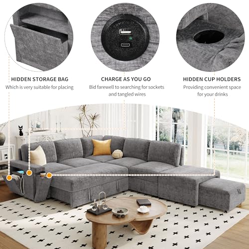 Image of Merax L-Shaped Modular Sofa with Removable Storage Ottoman, USB Ports and Cup Holder, Upholstered Sectional Couch & Armrest, Free Combination Indoor Furniture for Living Room, Apartments, Gray