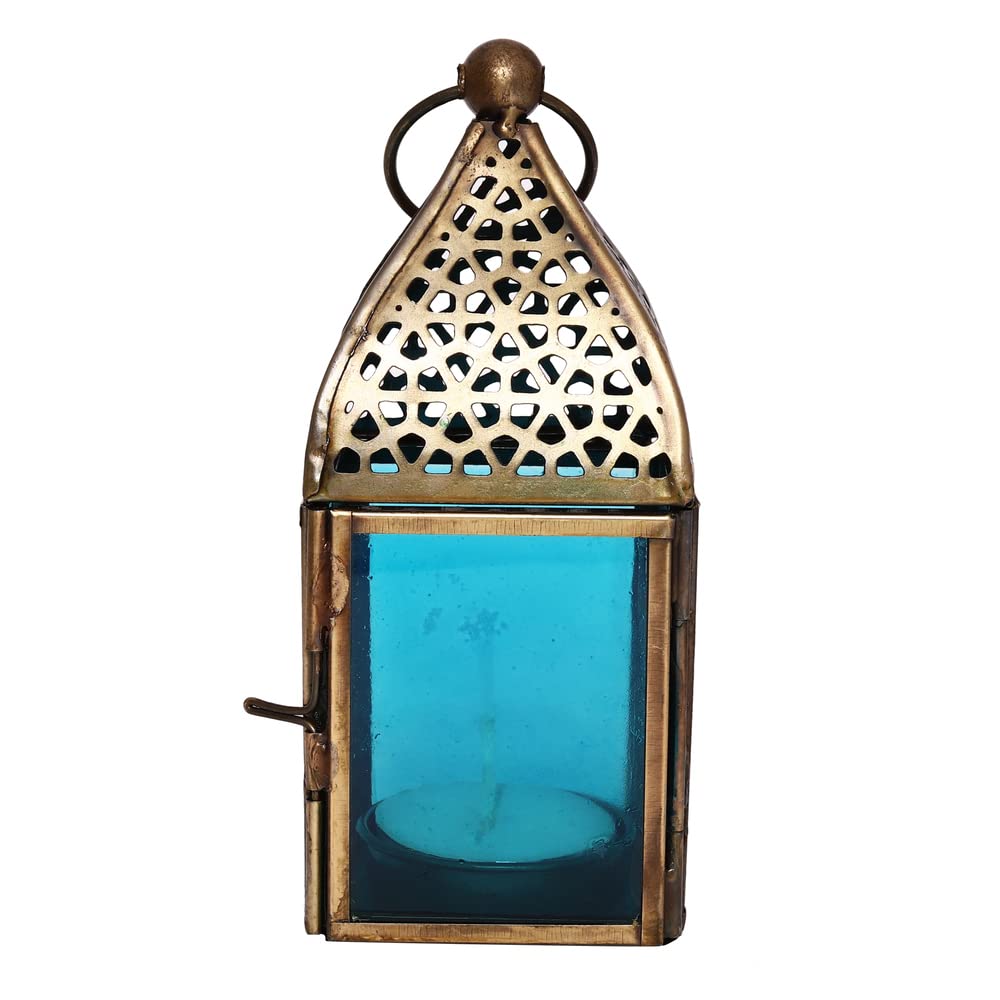 HilalFul Handmade Decorative Candle Holder Vintage Lantern, 13 cm | Blue | Living Room, Bedroom & Outdoor | Home Decoration, Hanging, Table Top | Ramadan, Eid, Diwali, Weddings, Parties | Iron