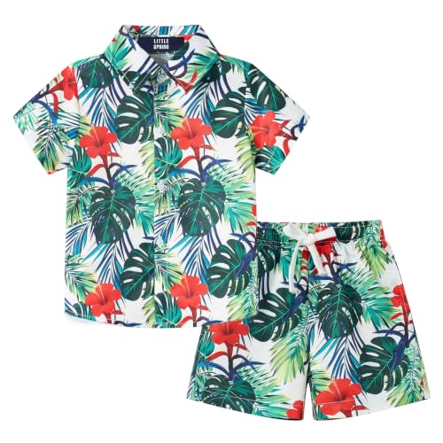 Image of LittleSpring Boys Summer Outfits Button Down Short Sleeve Hawaiian Shirts and Shorts Set