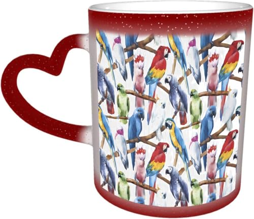 DOHXQM Taza Café cerámica, Taza de café con efecto térmico y cambio de color 330 ml Taza Mágica Regalo interesante,Patrón de acuarela, loro brillante, papel tz tropical, pájaro, cacatúas, guacamayos g