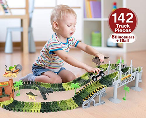 Zooawa Dinosaur Track Toy 142PCS Car Race Tracks Train Set Railway Playset with Flexible Speedway Railroad, Car Racing Toys, Bridge and Dinosaur Figures for Kids and Toddlers, Colorful