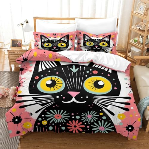 Housse de couette 3D imprimé fleurs et chat en microfibre premium King 220x240 - 3