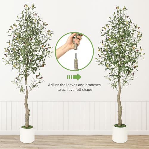 Artificial Olive Tree 5FT Tall Faux Olive Tree Indoor Fake Silk Plant with Realistic Trunk, Leaves, Fruits and White Planter, Faux Potted Tree for Home Decor and Housewarming Gift, 2 Pack