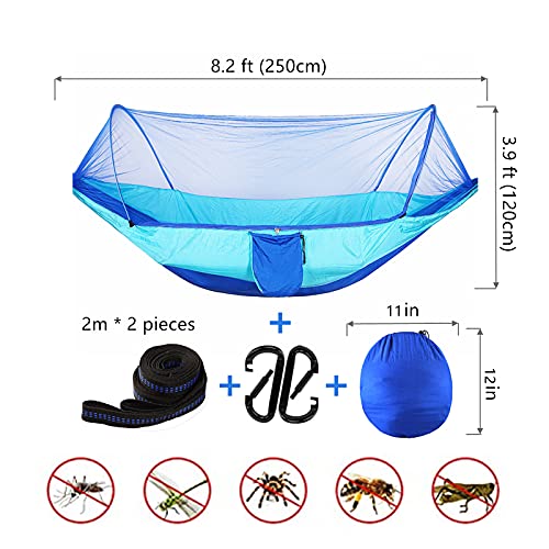 Lfl Camping Hammock With Mosquito Net, Hammocks With 13Ft Tree Straps Carabiners, Automatic Quick Open Outdoor Portable Hammock, Nylon Parachute Material Hammock With Net, Blue #TOP3