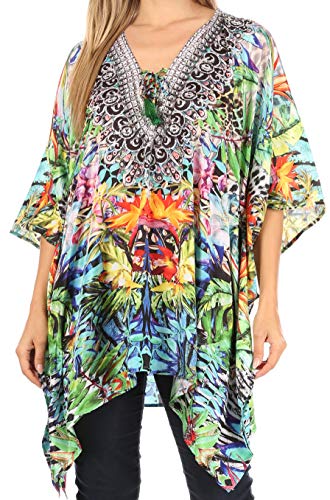 Sakkas 1825 - Aymee Women's Caftan Poncho Cover up V Neck Top Lace up with Rhinestone - TLM280-Multi - OS