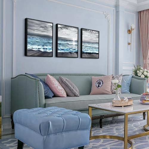 Black Framed Canvas Wall Art For Living Room Wall Decorations For Bedroom Wall Decor Black And White Wall Painting Blue Ocean Sea Wave Pictures Artwork For Modern Beach Posters Home Decor 3 Piece