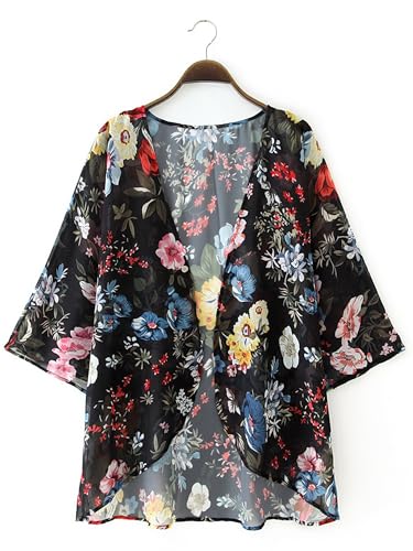 Image of Chunoy Women's Petite Summer Short Sleeve Floral Beachwear Cover Up Blouse Loose Chiffon Kimono Cardigan Black Small