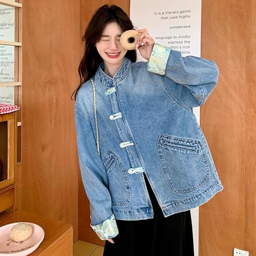 NCDUANSAN New Chinese button women's denim jacket, niche spliced long sleeved top, casual and fashionable design hip-hop4